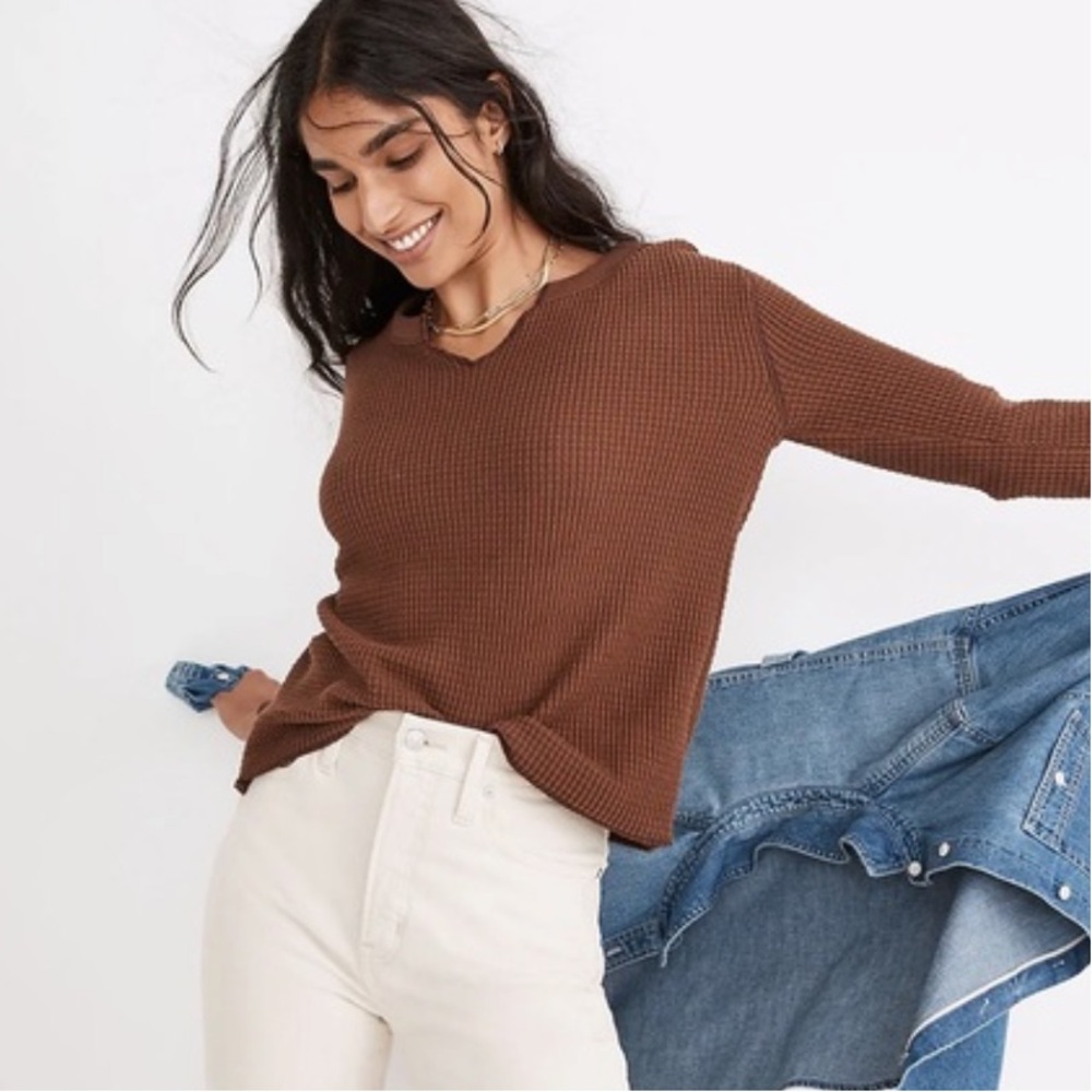 Madewell Brown Waffle Knit thermal Long Sleeve V Neck  Shirt Cropped Womens XS